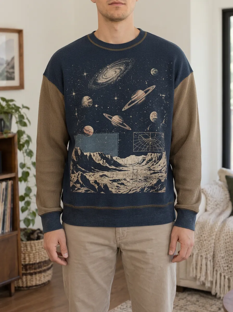 Men's Navy and Brown Color-Block Graphic Waffle Crewneck Pullover Sweatshirt
