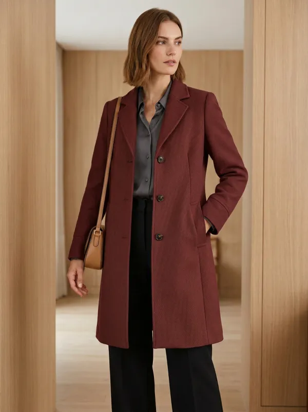 Women's Minimalist Camel Solid Buttoned Wool Blend Coat