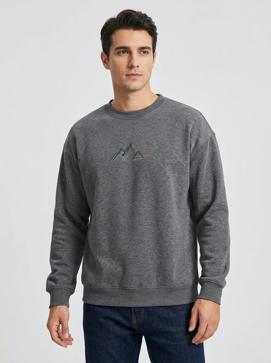 Men's Charcoal Grey Outdoor Mountain Line Art Fleece Sweatshirt