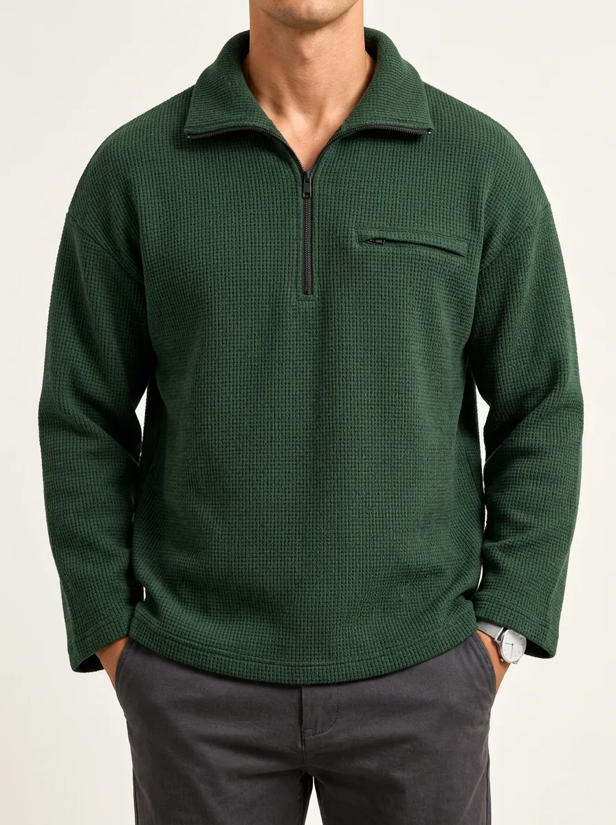 Clean-Look Half-Zip Waffle Knit Sweatshirt