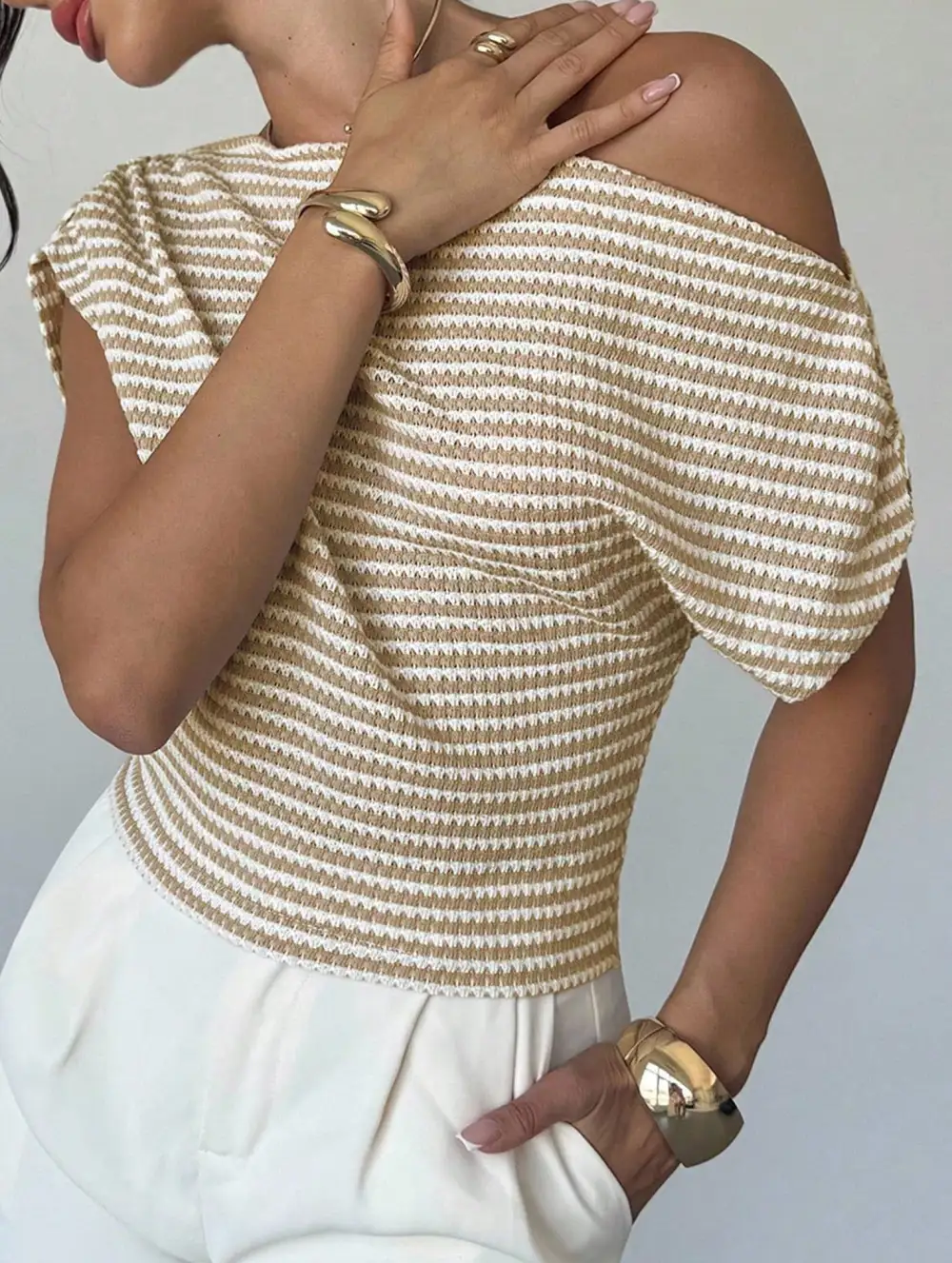 Asymmetric Shoulder Stripe Knit Tee