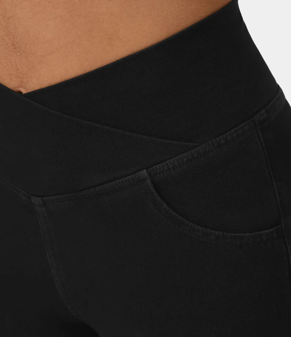 Magic High Waisted Crossover Pocket Cool Touch Washed Stretchy Knit Casual Super Flare Jeans