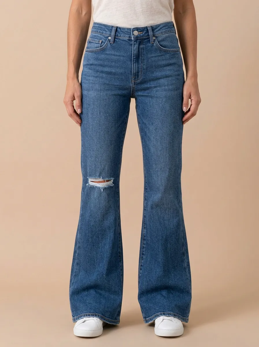 Women's High-Rise Right-Knee Contrast-Stitch Distressed Flare Jeans