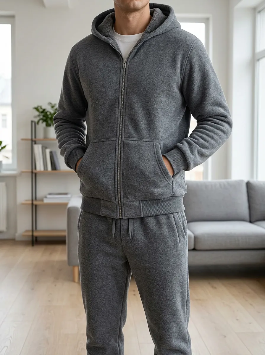 Men's Winter Fleece-Lined Zip-Up Hoodie and Pants Set with Kangaroo Pockets