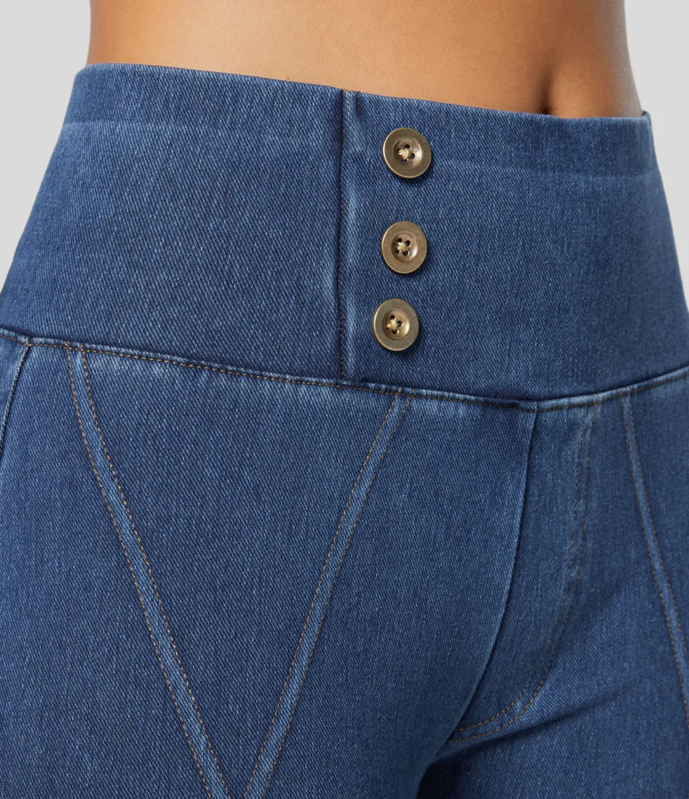 Magic High Waisted Button Top-stitching Washed Stretchy Knit Casual Flare Jeans
