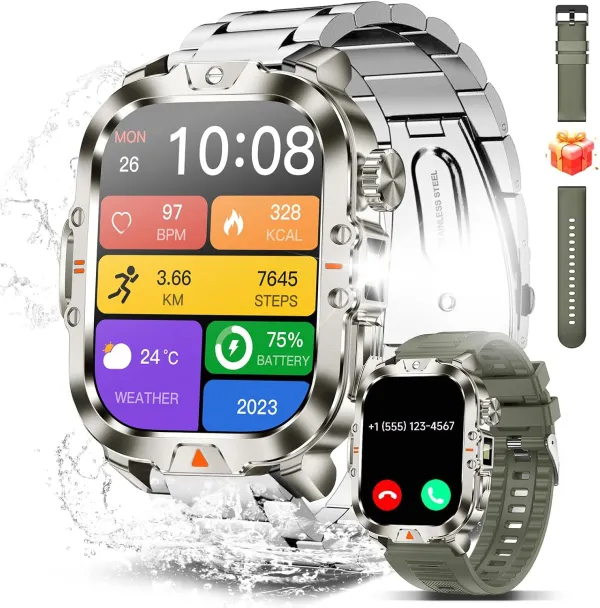Smart Watch for Men Military Answer/Make Call 2.01″ Display 170+ Sports Modes Fitness Smart Watch IP68 Waterproof 30 Days Standby Smartwatch for Android iOS Black (2 Straps)