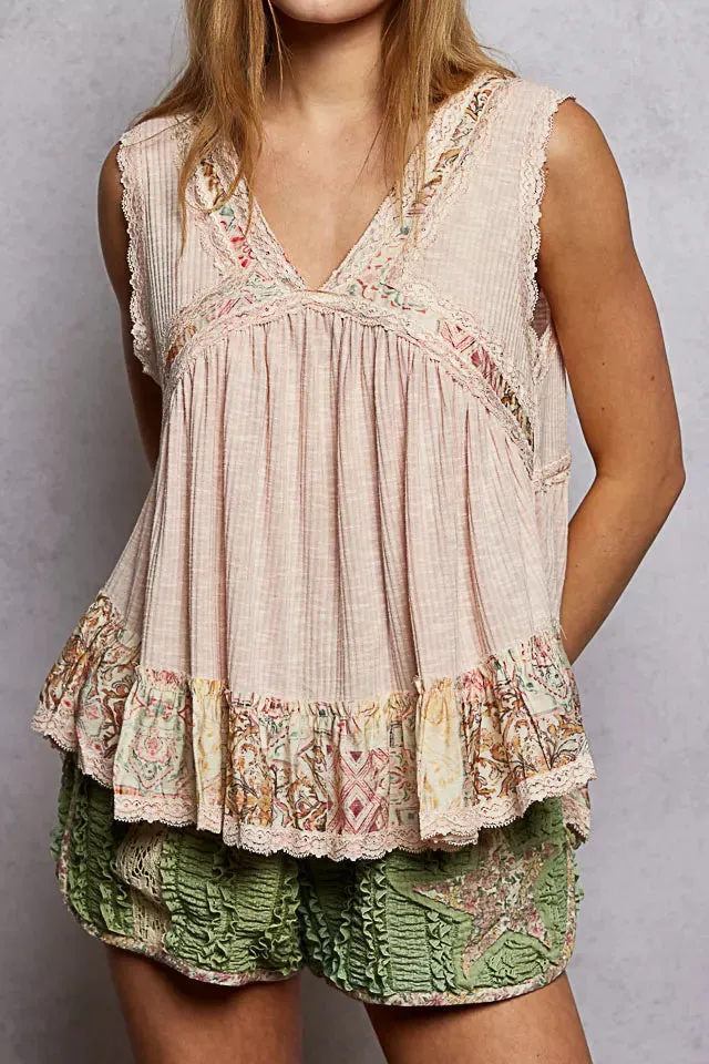 Lace Detail Ruffled Ribbed Sleeveless Top With