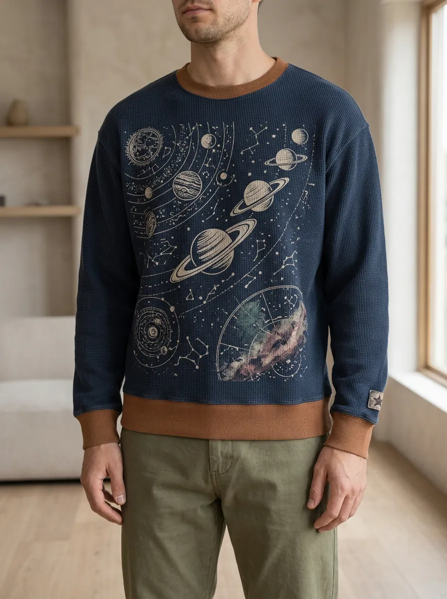 Men's Navy Celestial Waffle Knit Crewneck Sweatshirt