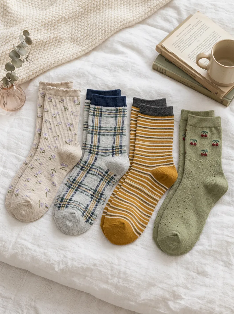 Women's Vintage Floral Plaid Striped Cherry Printed Socks Set