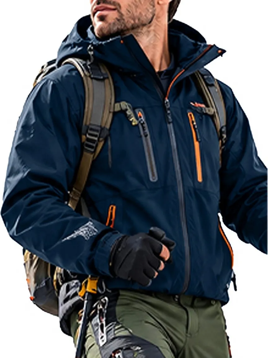 Men's waterproof jacket, suitable for cold-weather hiking, winter skiing, and outdoor softshell activities.