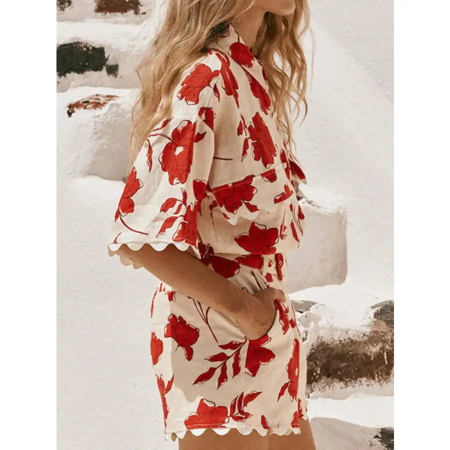 Floral Print Scalloped Edge Top and Shorts Set