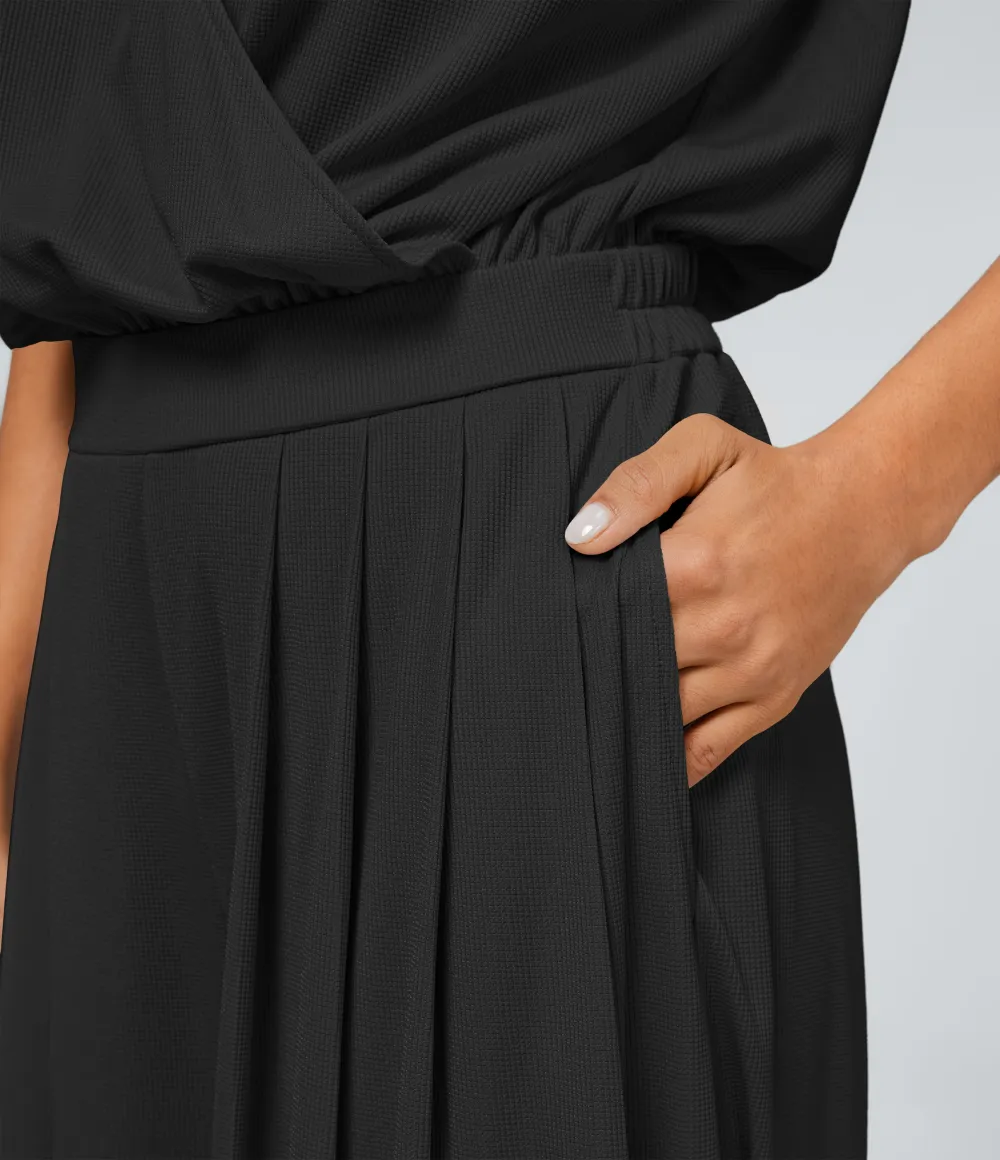 V Neck Short Sleeve Side Pocket Wide Leg Flowy Waffle Casual Jumpsuit