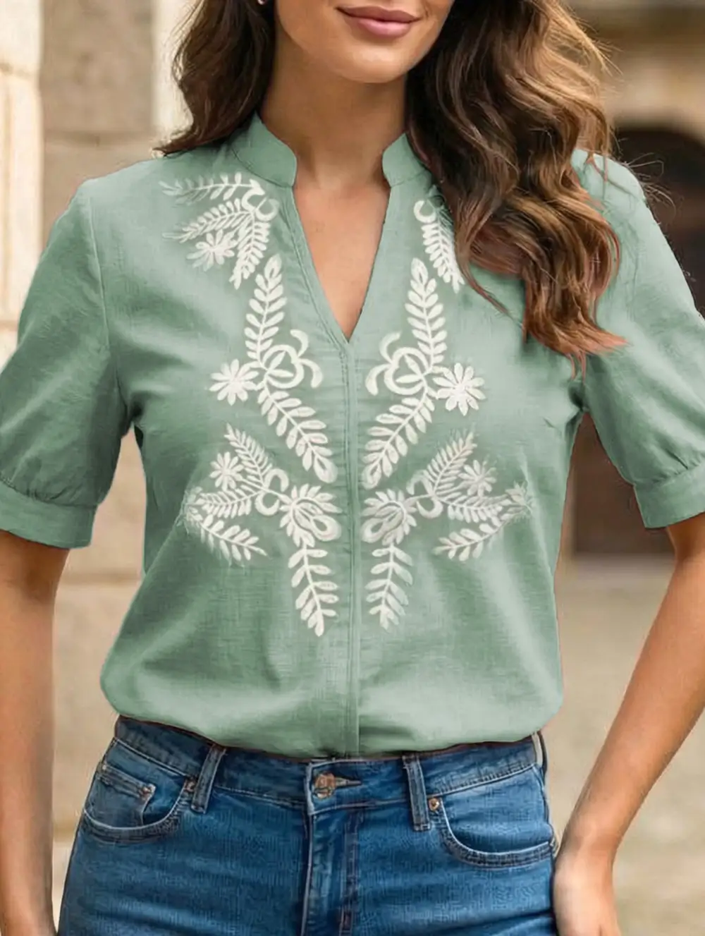 Everyday V Neck Embroidered Blouse