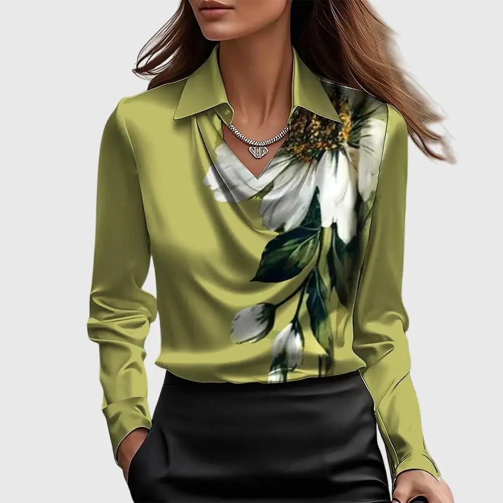 Floral Pleated Neckline Pleated Blouse