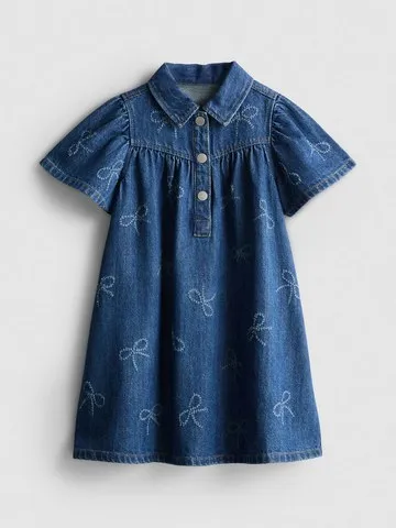 1-9yrs | Pure Cotton Bow Laser Print Denim Dress