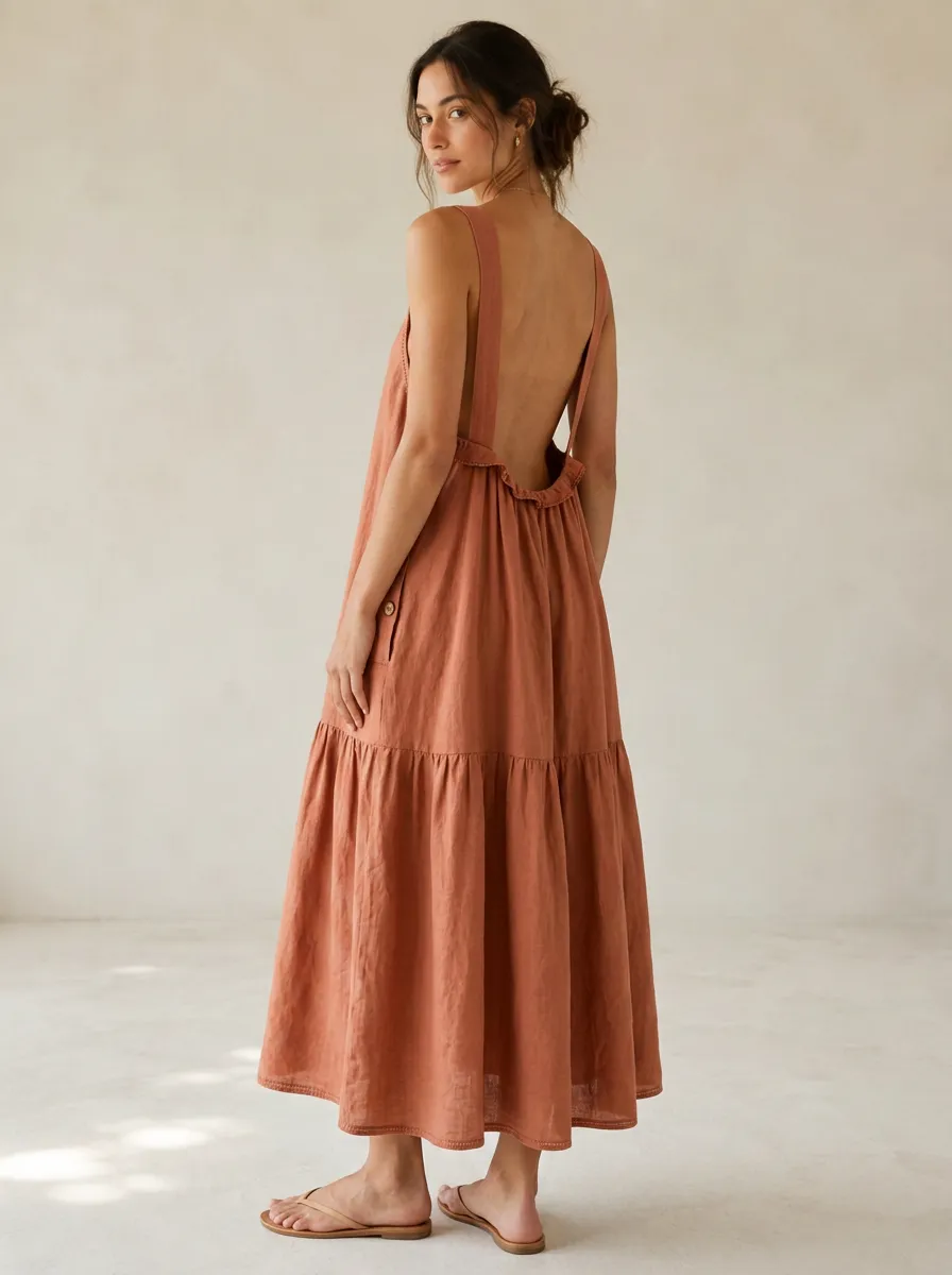 Women's Casual Ruffled Linen Maxi Backless Dress