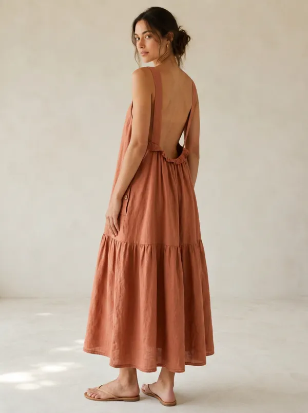 Women's Casual Ruffled Linen Maxi Backless Dress