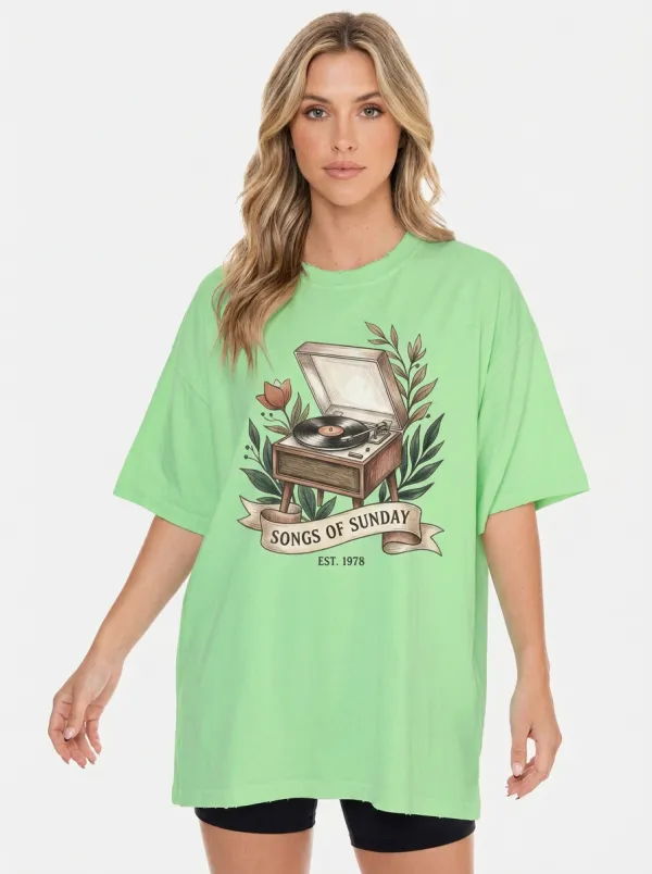 Women's Music-Inspired Vintage Record Player Songs of Sunday Printed T-Shirt
