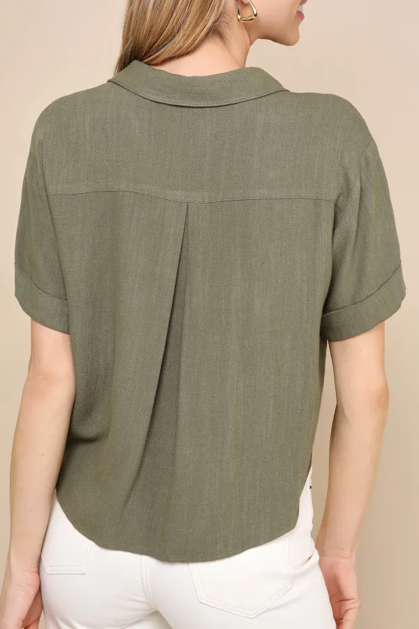Casual Style Linen Collared Button-Up Top