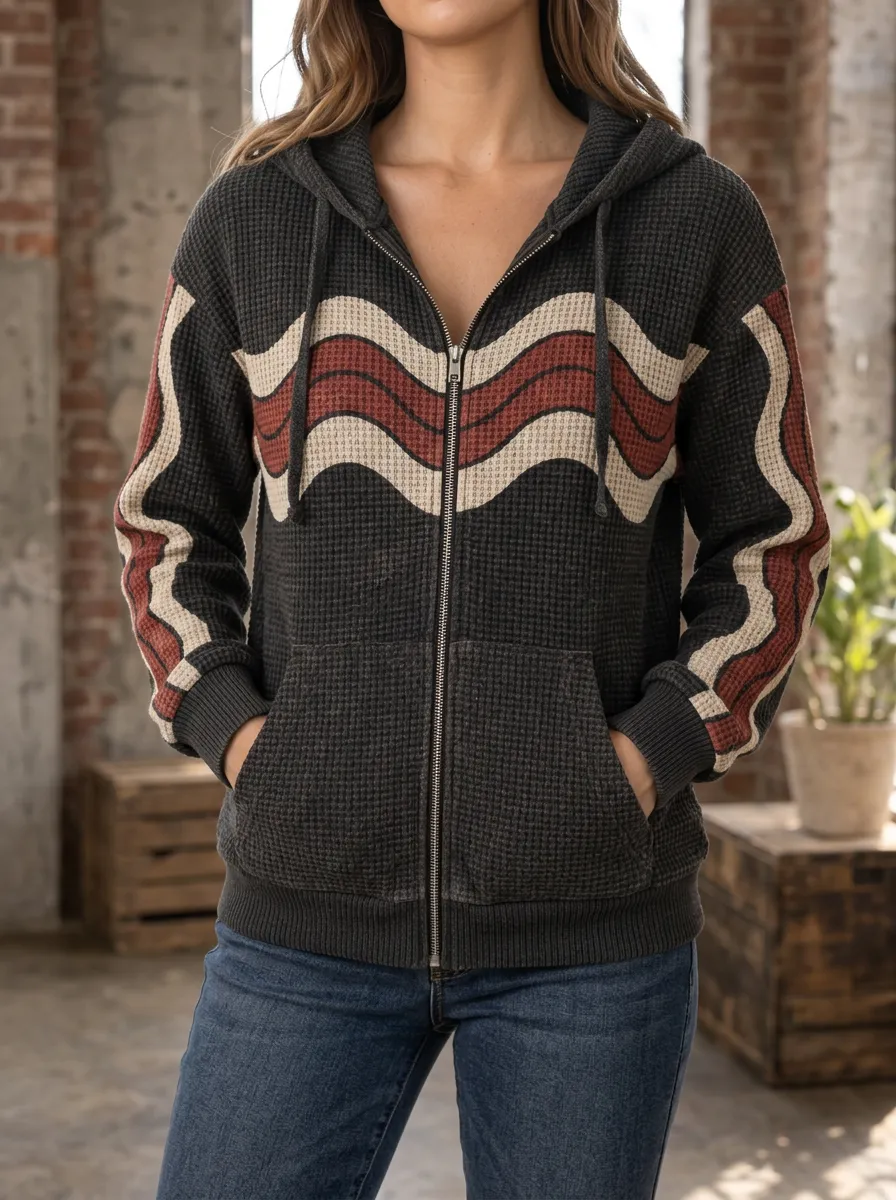 Women's Retro Wavy Stripe Pattern Signature Motif Waffle Zip-Up Hoodie