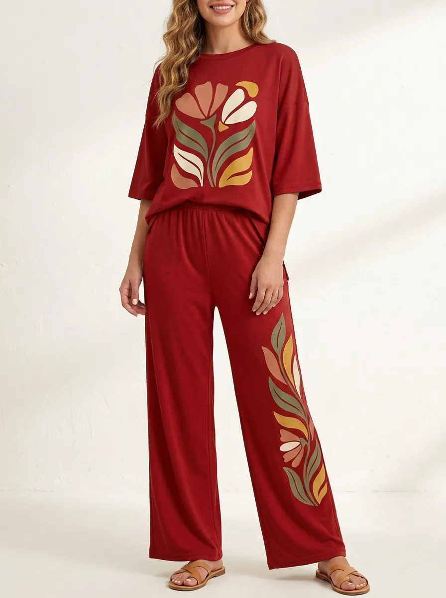 Women's Floral Graphic Drop-Shoulder Top And Wide-Leg Trouser Lounge Set
