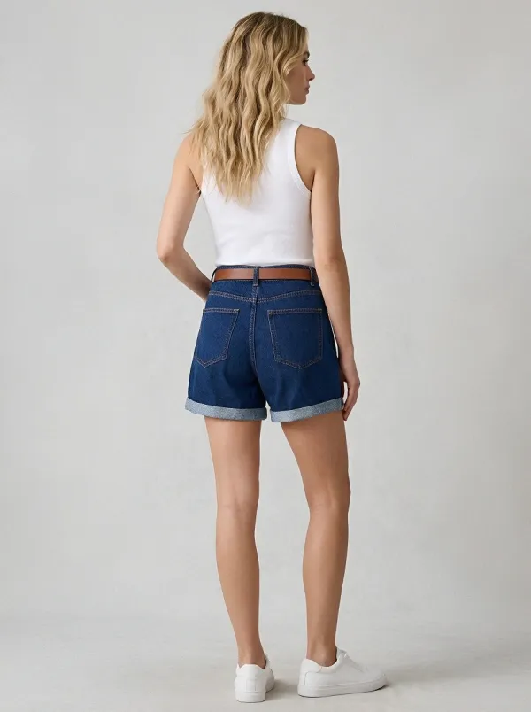 Women's Modern Casual High-Waisted Rolled Cuff Loose Denim Shorts