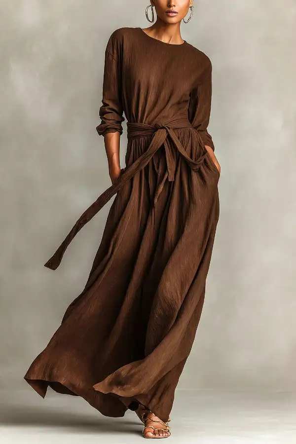 Streamlined Tie Detail Long Sleeve And Flowing Maxi Skirt Set