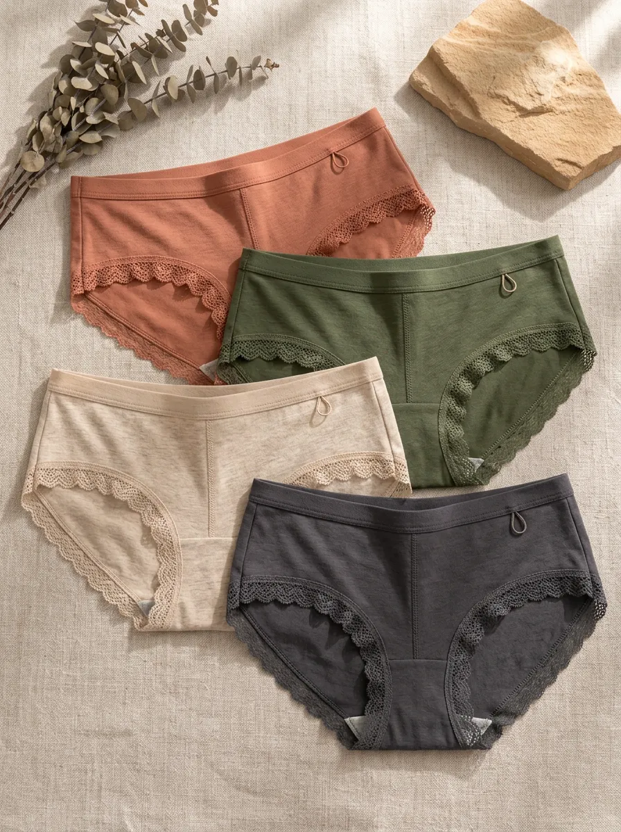 Women's Solid Color Lace Trim Cotton Printed Panties Set