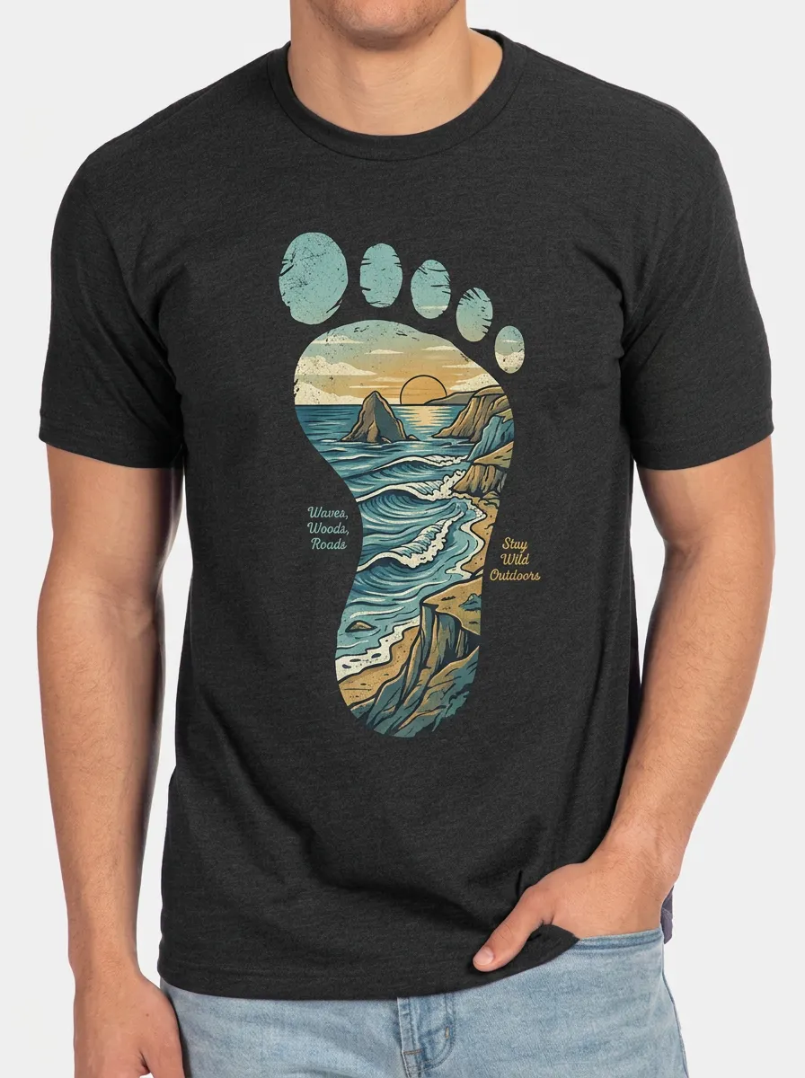 Men's Outdoor Lover Bigfoot Ocean Landscape Printed T-shirt
