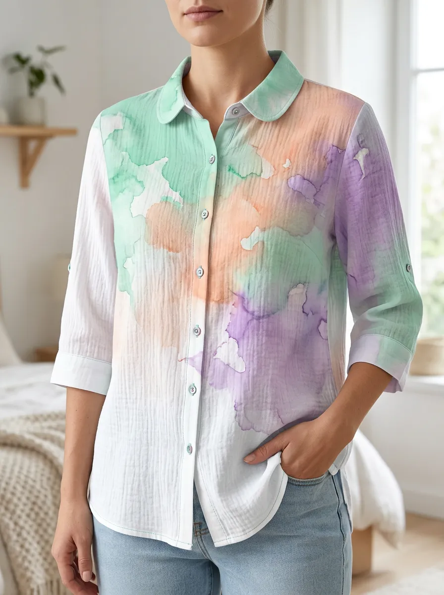 Women's Pastel Watercolor Abstract Artful Shirt