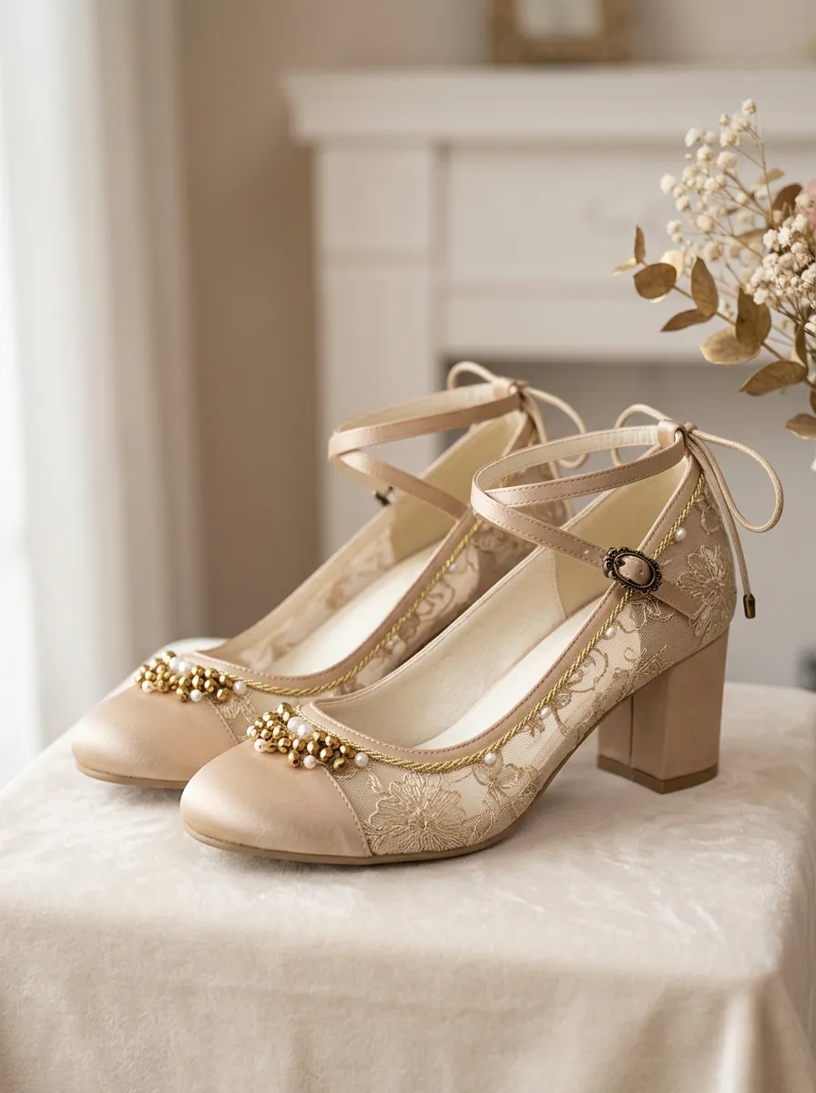 Block Heel Ankle Strap Lace Floral Women's Bavarian Occasion Heels