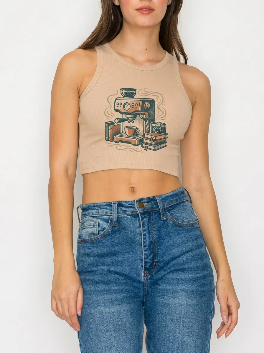 Women's Coffee Lover Book Camera Printed Ribbed Crop Top