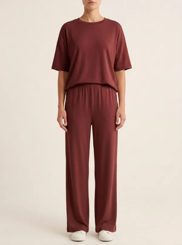 Women's Short-Sleeve Drop-Shoulder Crewneck Top And Wide-Leg Trouser Lounge Set