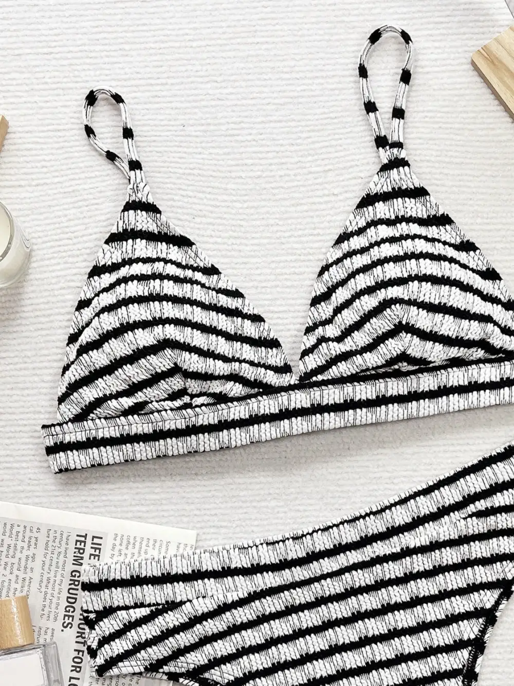 Striped V Neck Coordinated Swimsuit