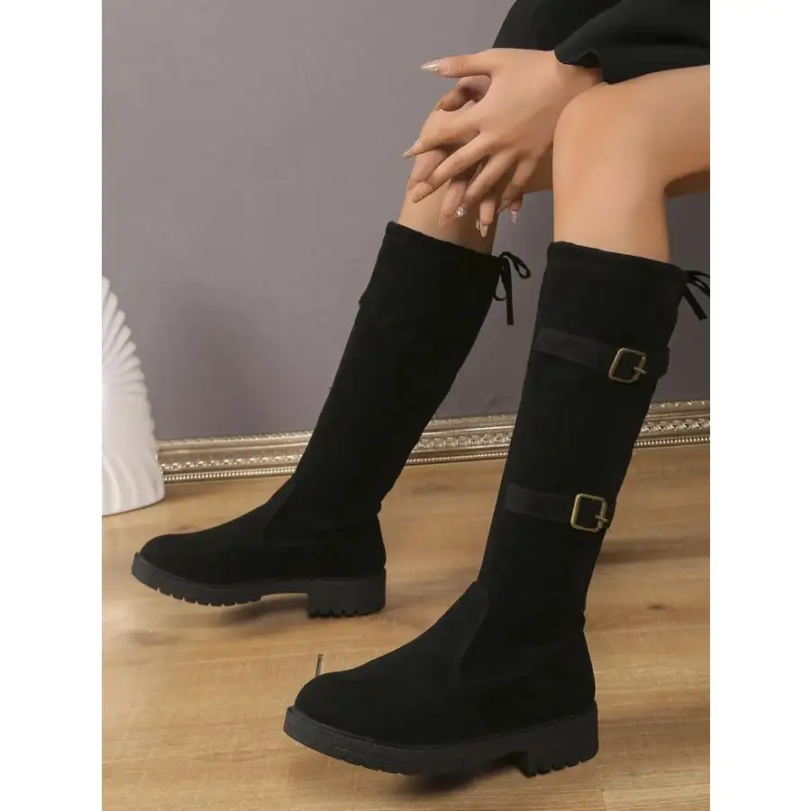 Suede Knee High Combat Boots with Double Buckle Straps