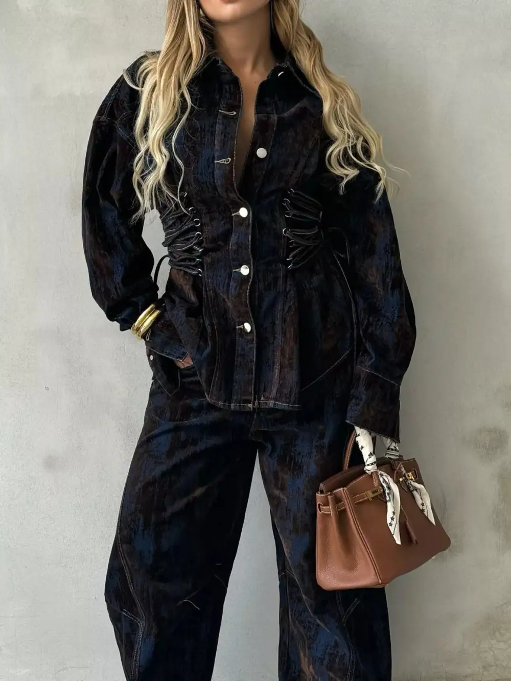 Button Lace Up Set Denim Pants