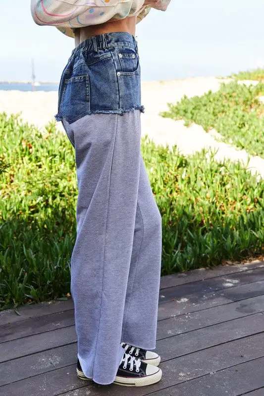 Raw Hem Patchwork Wide Leg Denim Pants