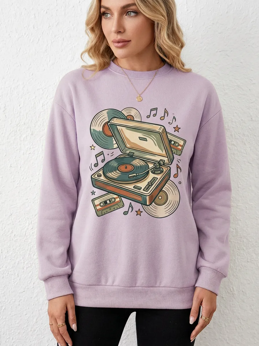 Women's Retro Music Vinyl Record Cassette Graphic Sweatshirt