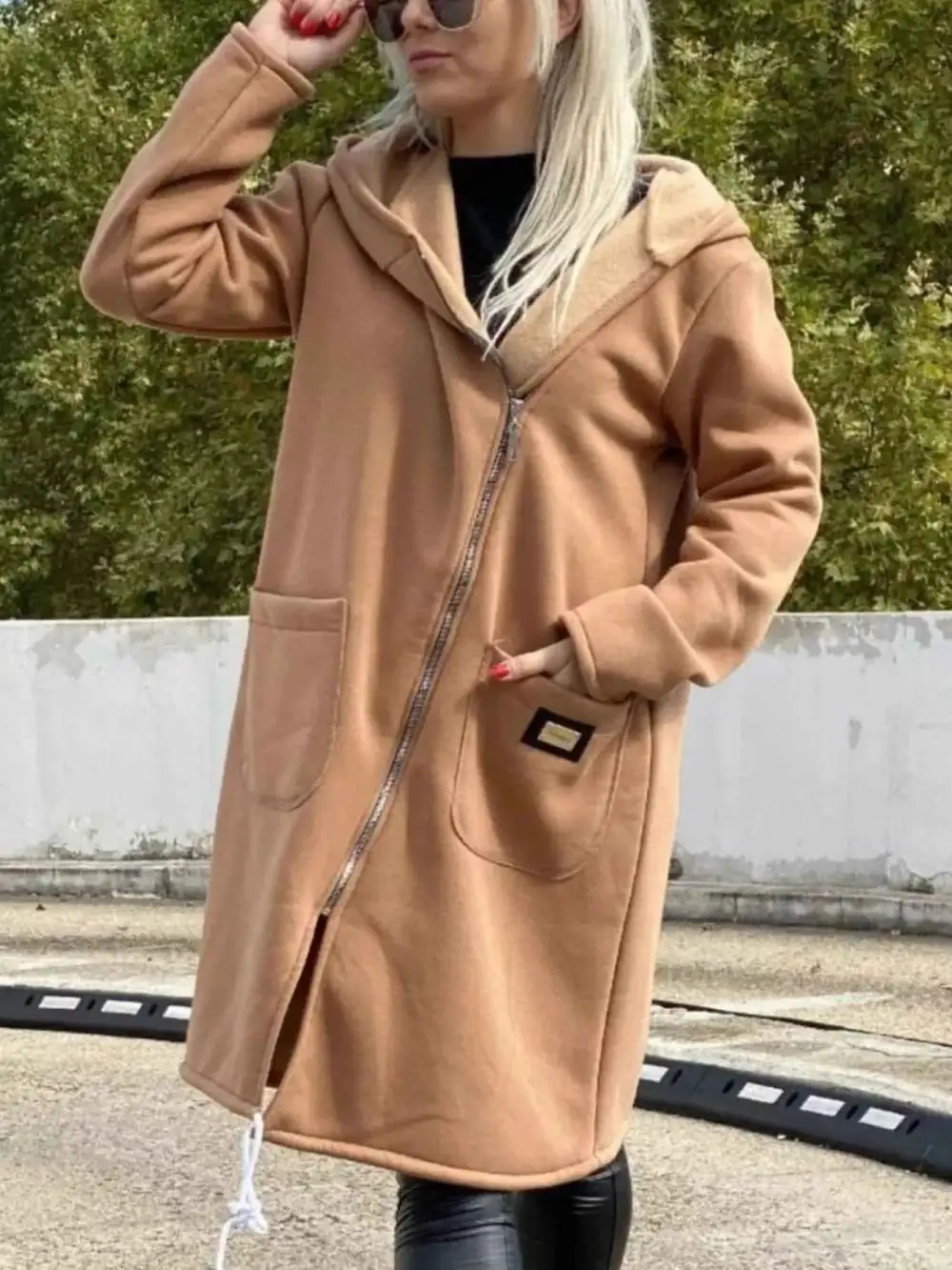 Plus Size Asymmetrical Zip-Up Hooded Fleece Outerwear