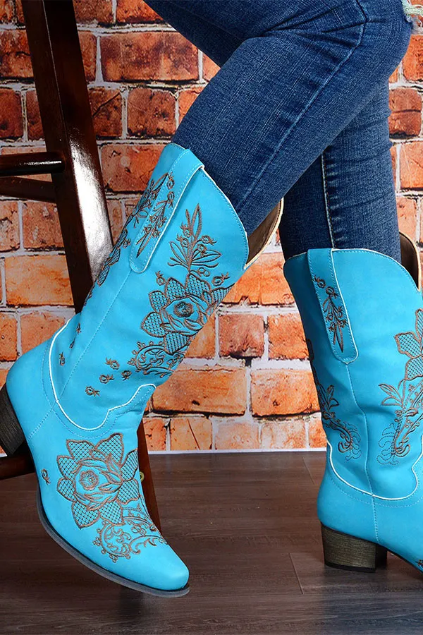 Floral Embroidery Block-Heel Boots
