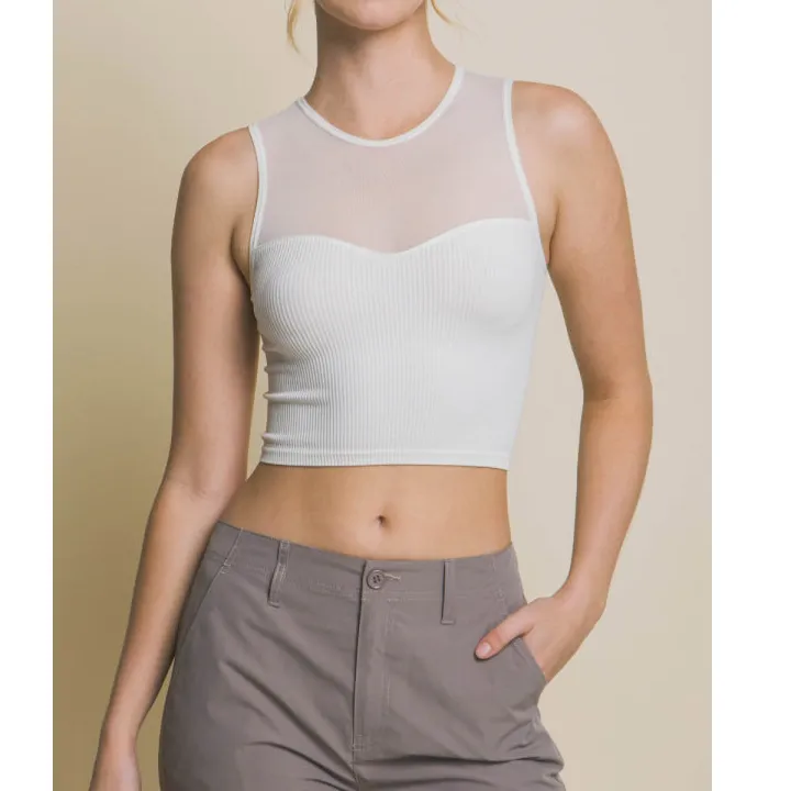 Love Tree Round Neck Ribbed Cropped Mesh