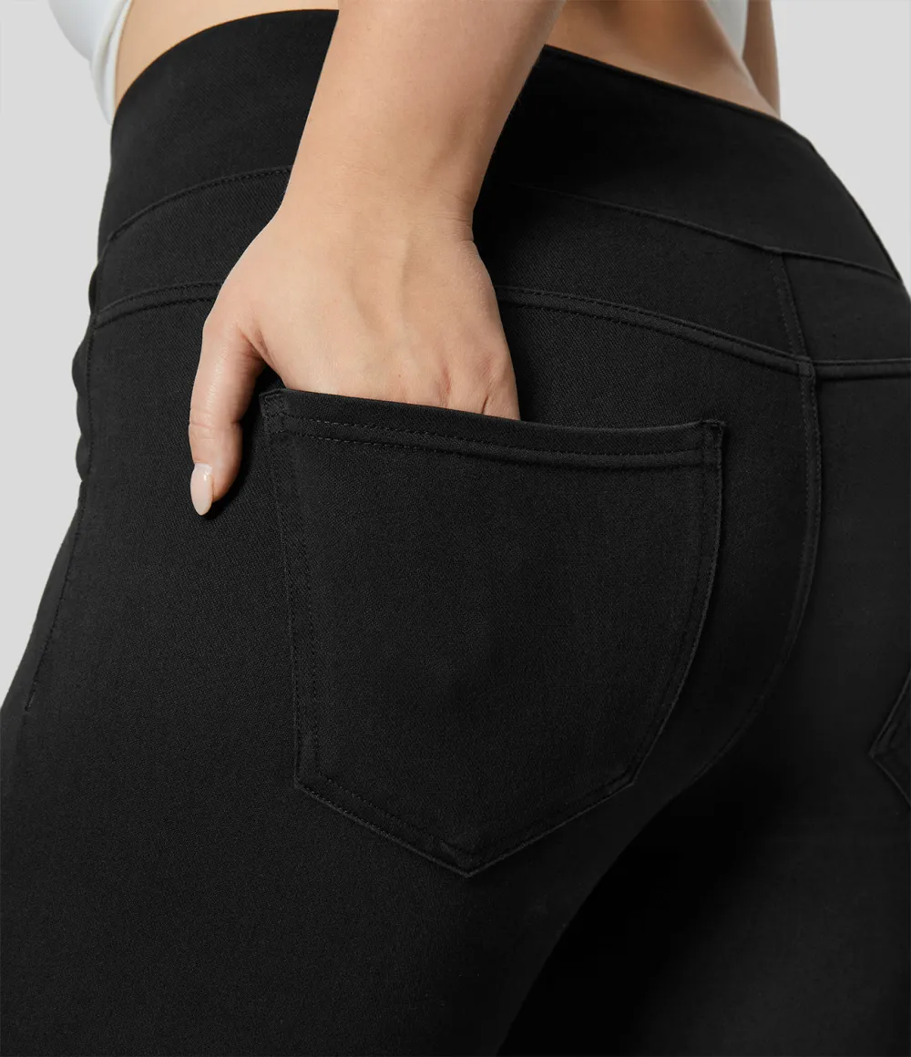 Magic High Waisted Crossover Multiple Pockets Stretchy Knit Denim 7/8 Plus Size Work Leggings