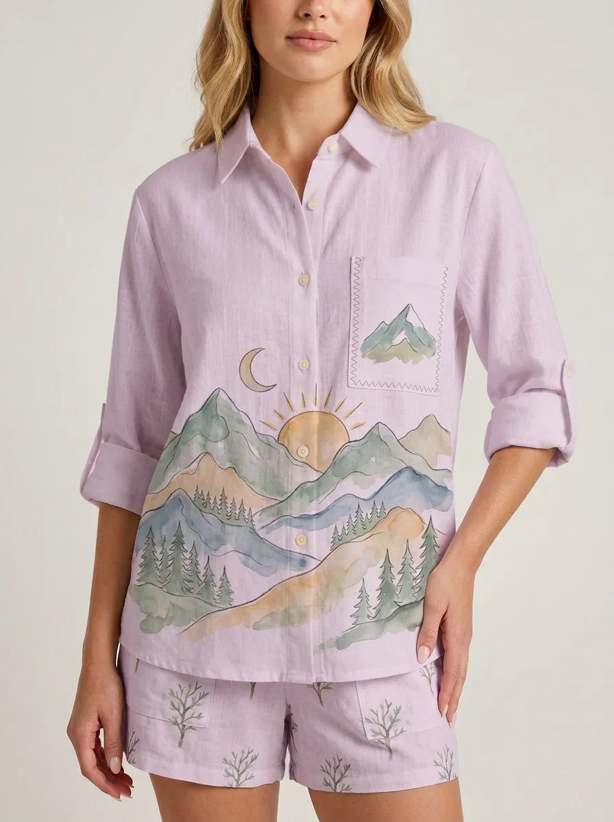 Women's Nature Mountain Sun Moon Graphic Button-up Shirt Tank Top