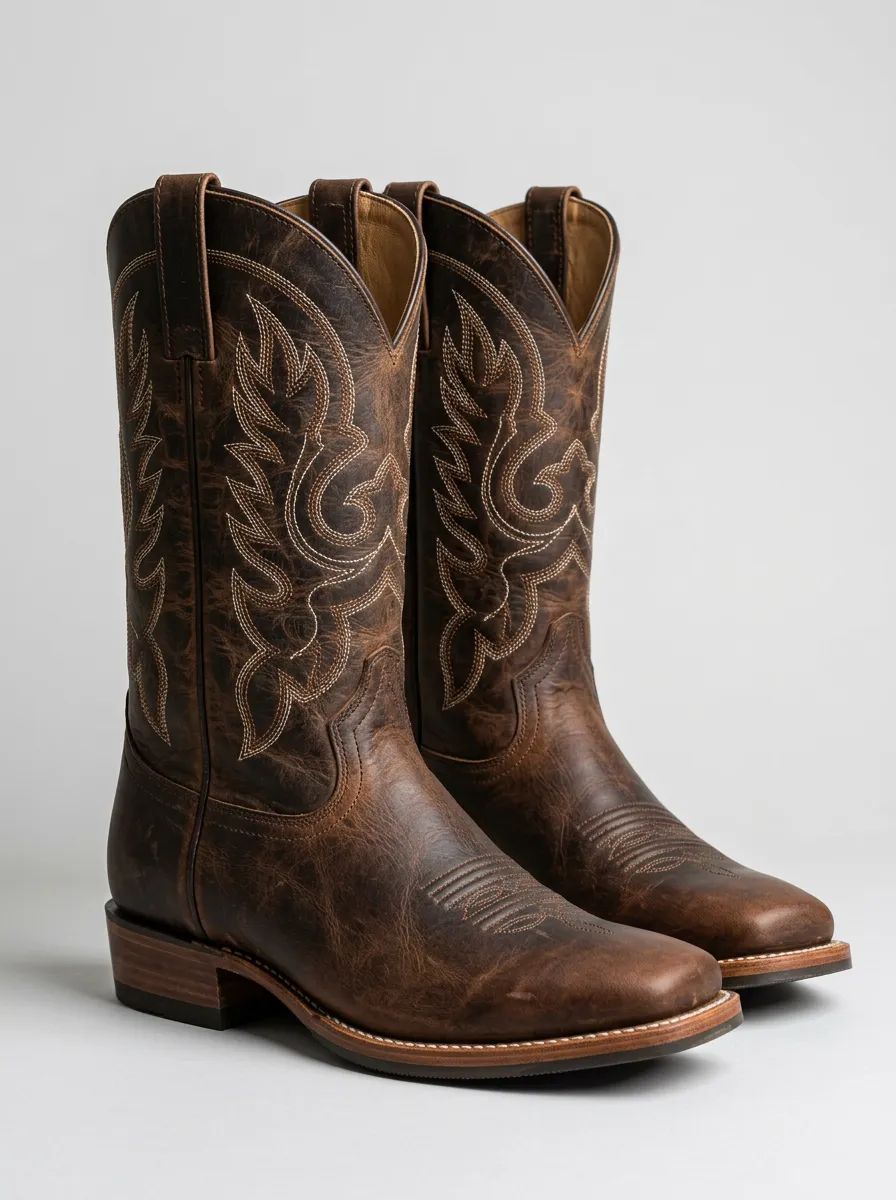 Men's Classic Western Distressed Leather Embroidered Printed Boots