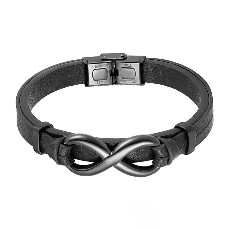 Infinitely Design Titanium Steel Single Layer Leather Bracelet