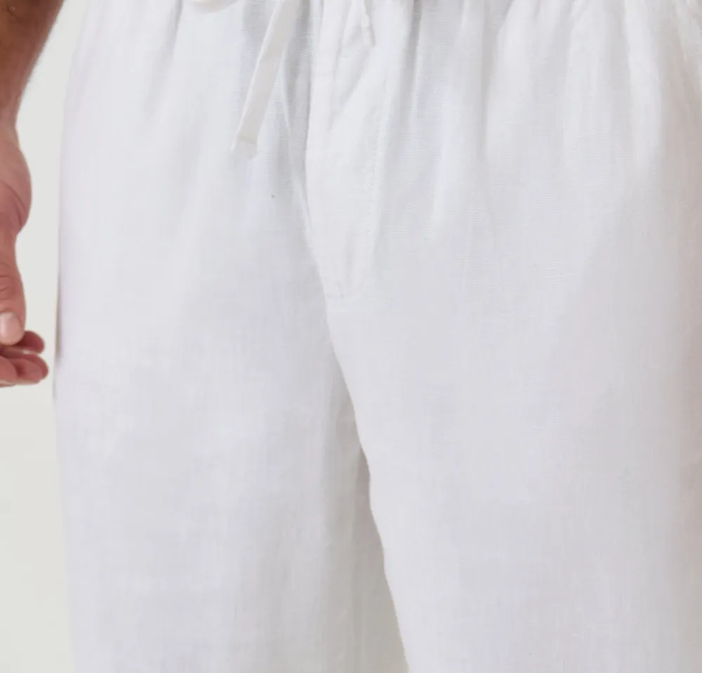White Linen-Blend Drawstring Pants