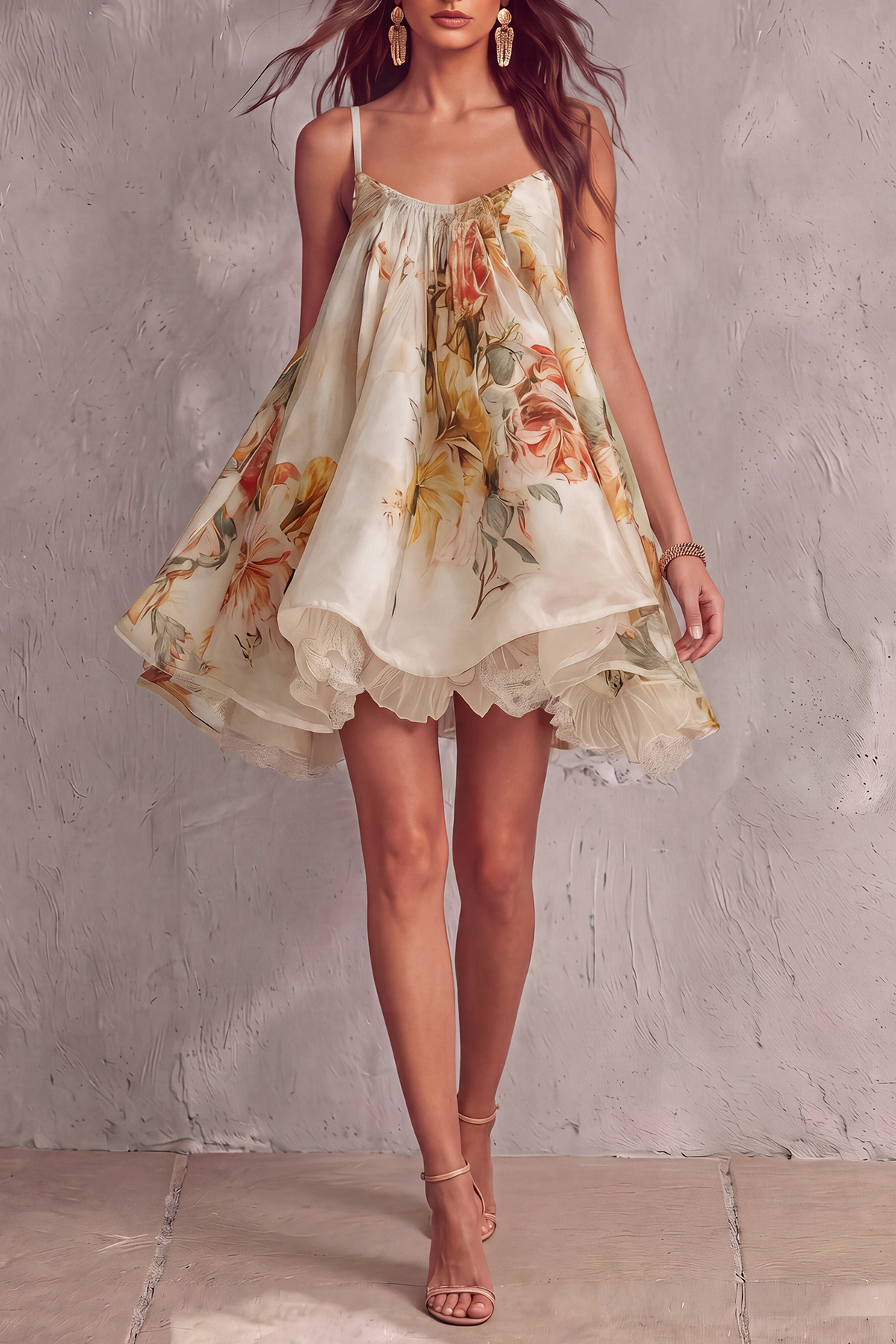 Spaghetti Strap Ruffle Floral Mini Dress