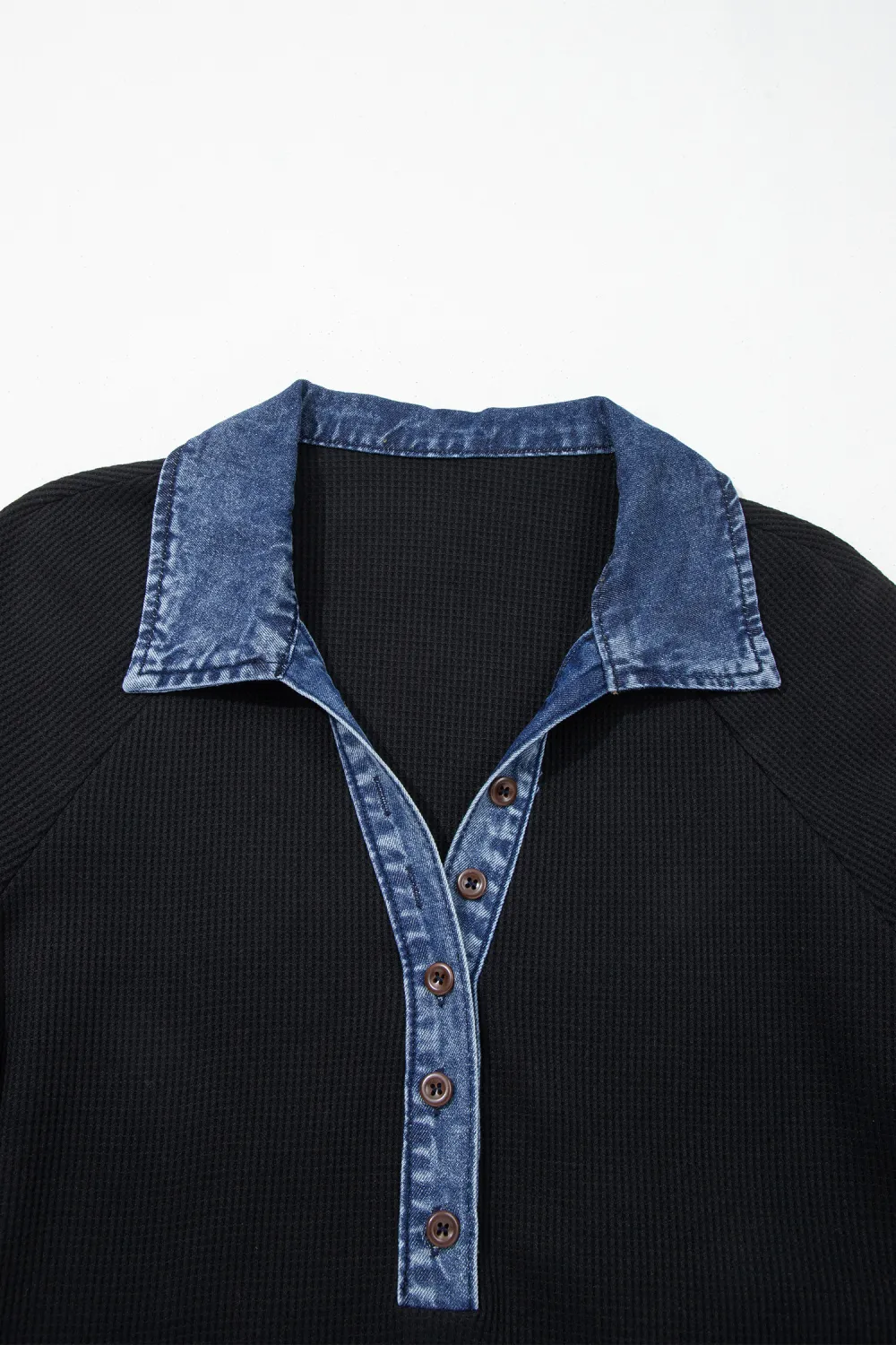 Black Waffle Knit Denim Contrast Top
