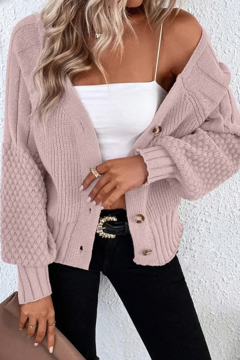 Textured Button Front V Neck Cardigan