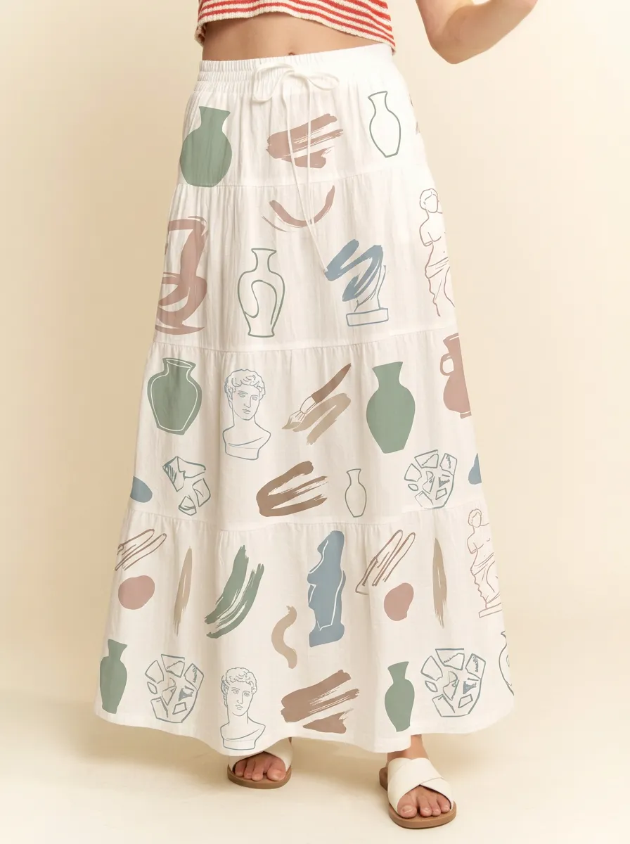 Women's Art Lover Greek Statue Vase Printed Maxi Skirt
